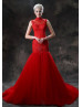 Red Lace Tulle High Neck Mermaid Long Wedding Dress